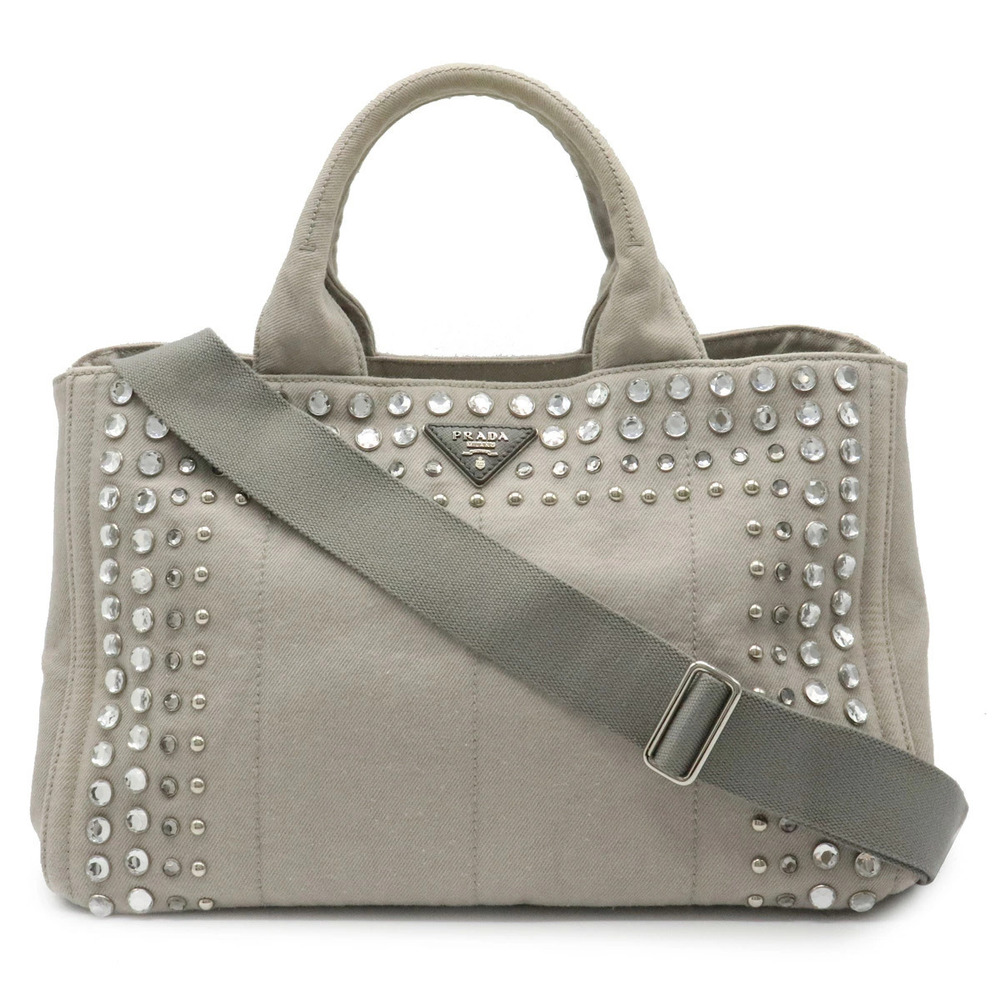 Prada Canapa Bijou Shoulder Tote Bag Studded Handbag Denim NUBE Gray